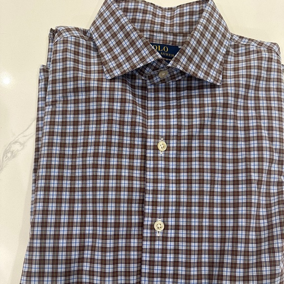 Polo Ralph Lauren Shirt Men Blue Brown Cotton Stretch Button Down Gingham - M - Picture 2 of 4